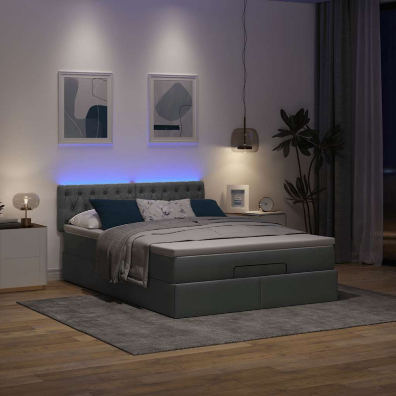 Łóżko otomana z materacem i diodami LED ciemnoszare 140x200 cm
