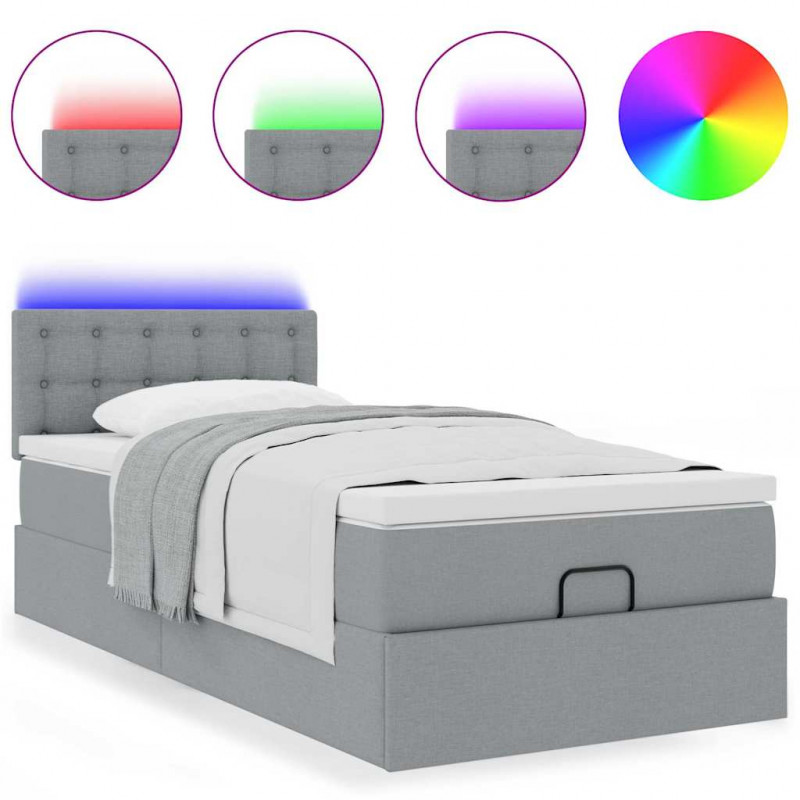Łóżko Ottoman z materacem i LED, jasnoszary, 80x200cm, tkanina
