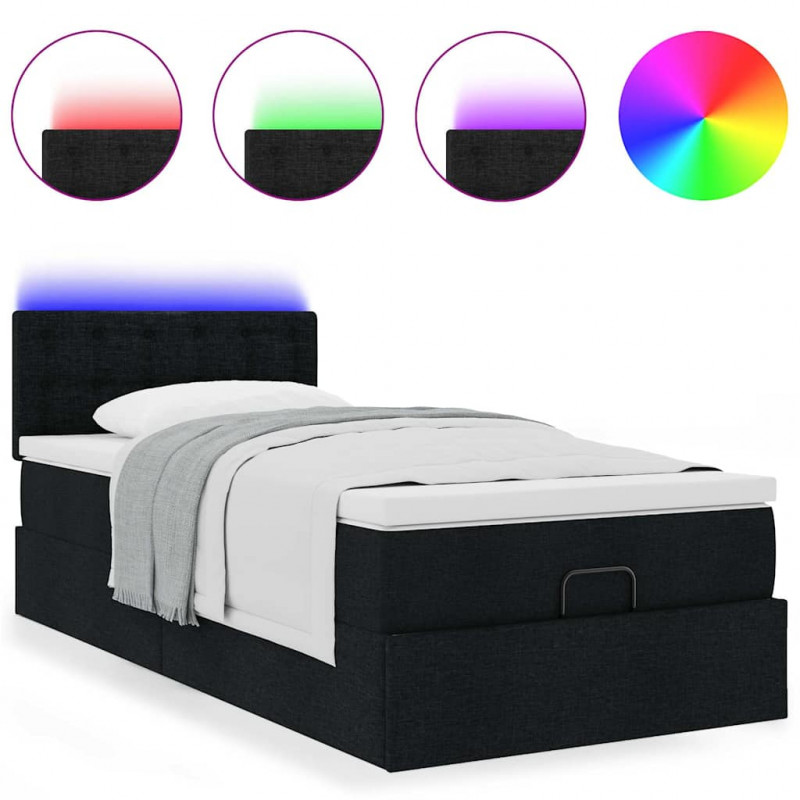 Łóżko Ottoman z materacem i LED, czarny, 80x200cm, tkanina