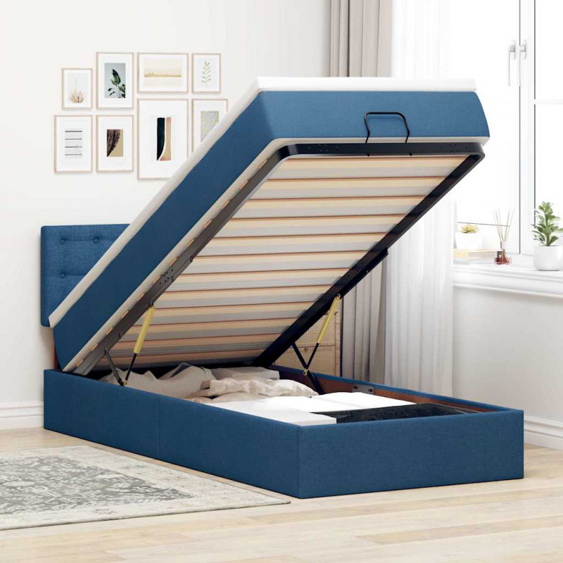 Otomana Łóżko z Materacem i LED Niebieski 90x200 cm Tkanina