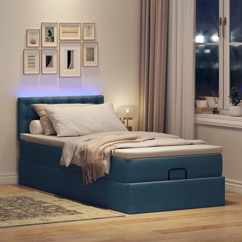 Otomana Łóżko z Materacem i LED Niebieski 90x200 cm Tkanina