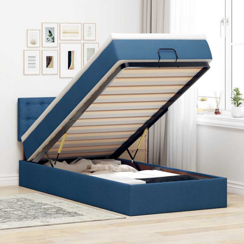 Otomana Łóżko z Materacem i LED Niebieski 100x200 cm Tkanina