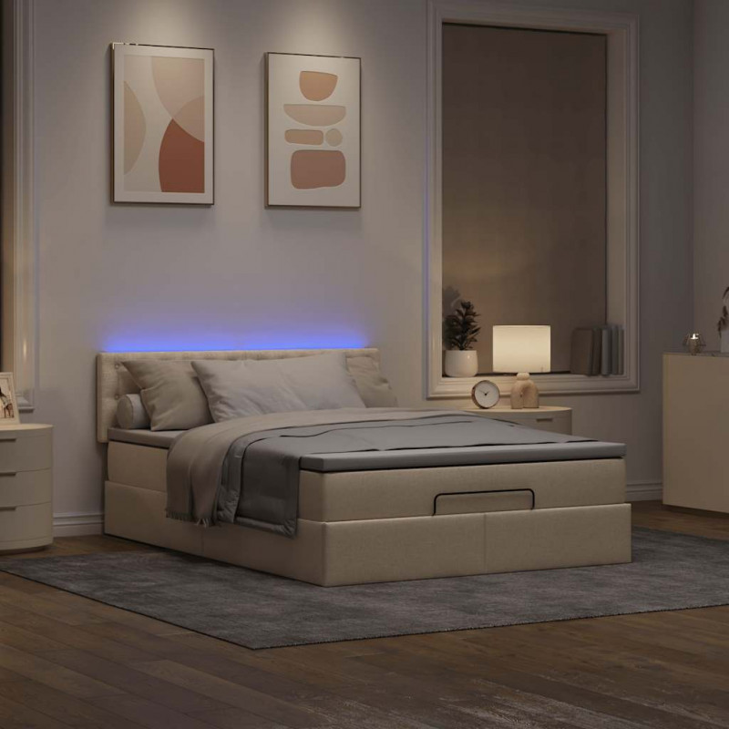 Łóżko Ottoman z materacem i diodami LED kremowe 140x190 cm
