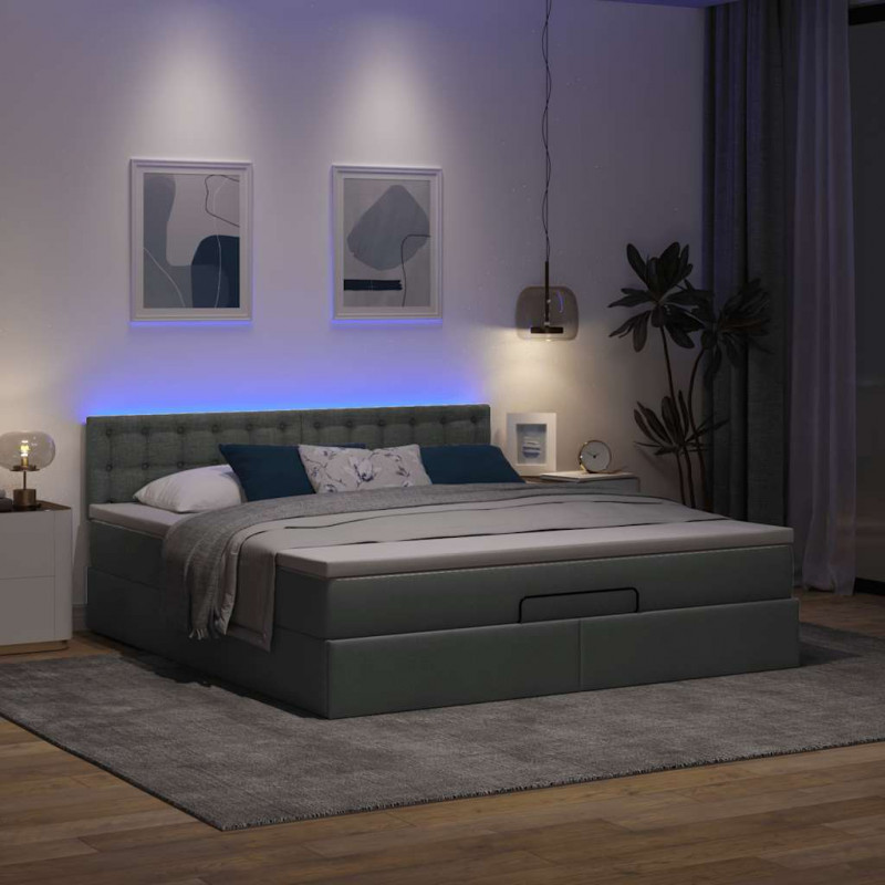 Łóżko Ottoman z materacem i LED, ciemnoszary, 180x200cm tkanina