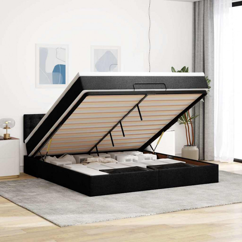Łóżko Ottoman z materacem i LED, czarny, 180x200cm, tkanina