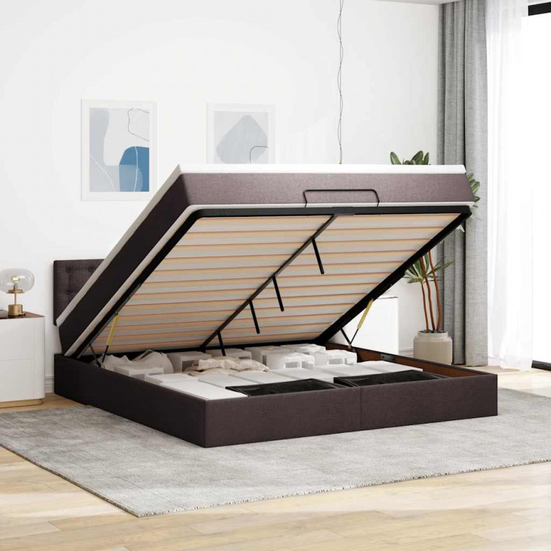 Łóżko otomana z materacem i LED ciemnobrązowy 180x200cm tkanina