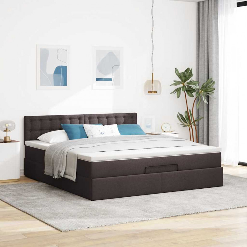 Łóżko otomana z materacem i LED ciemnobrązowy 180x200cm tkanina