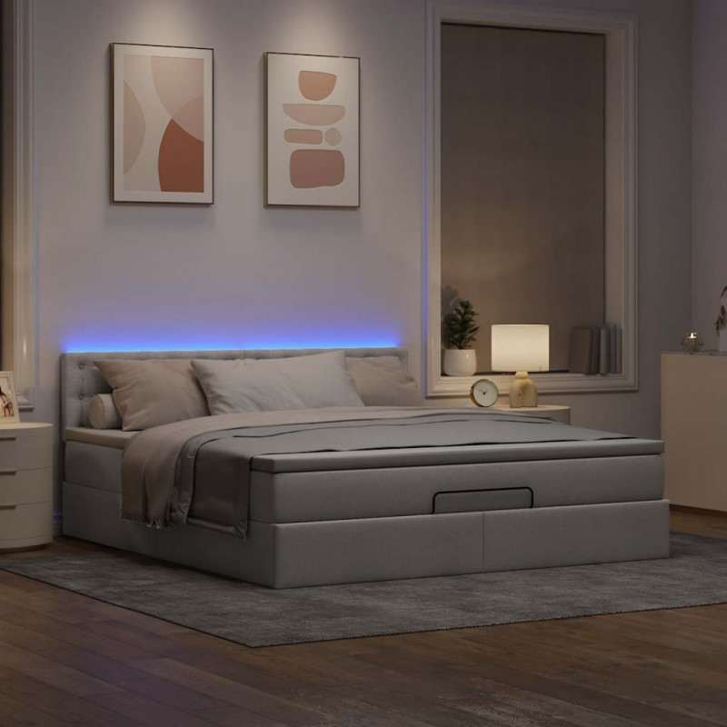 Łóżko otomana z materacem i LED, taupe, 180x200cm, tkanina
