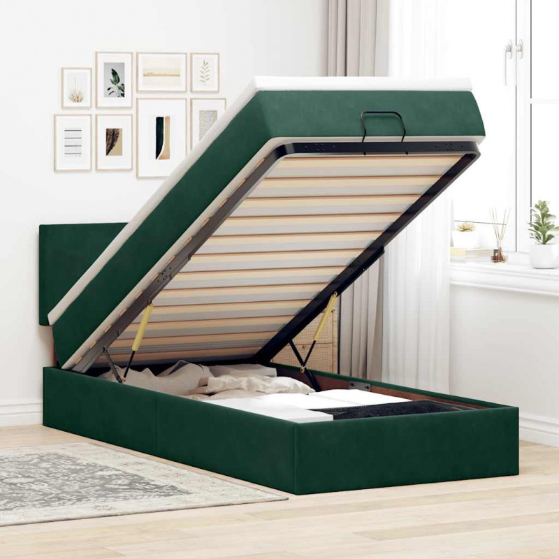 Łóżko otomana z materacem i LED, ciemnozielony 80x200cm aksamit