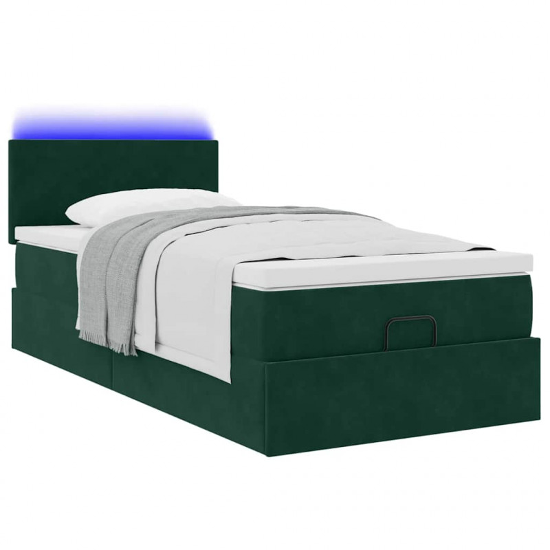 Łóżko otomana z materacem i LED, ciemnozielony 80x200cm aksamit