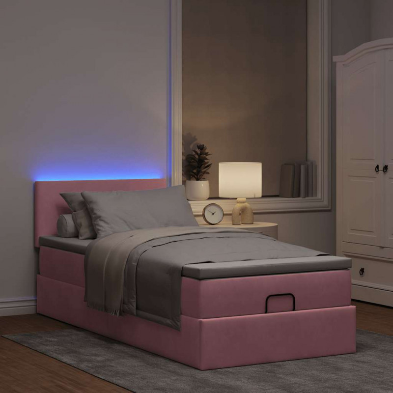 Łóżko Ottoman z materacem i LED, różowy, 80x200cm, aksamit