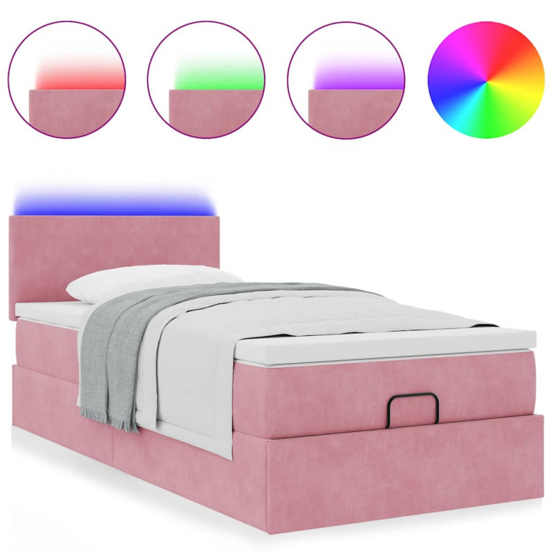 Łóżko Ottoman z materacem i LED, różowy, 80x200cm, aksamit