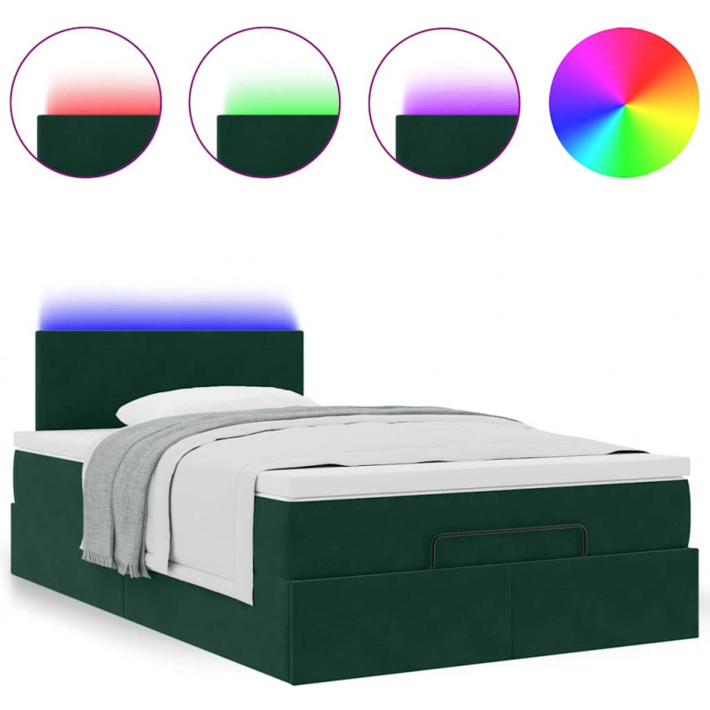 Łóżko otomana z materacem i LED ciemnozielony 120x190cm aksamit