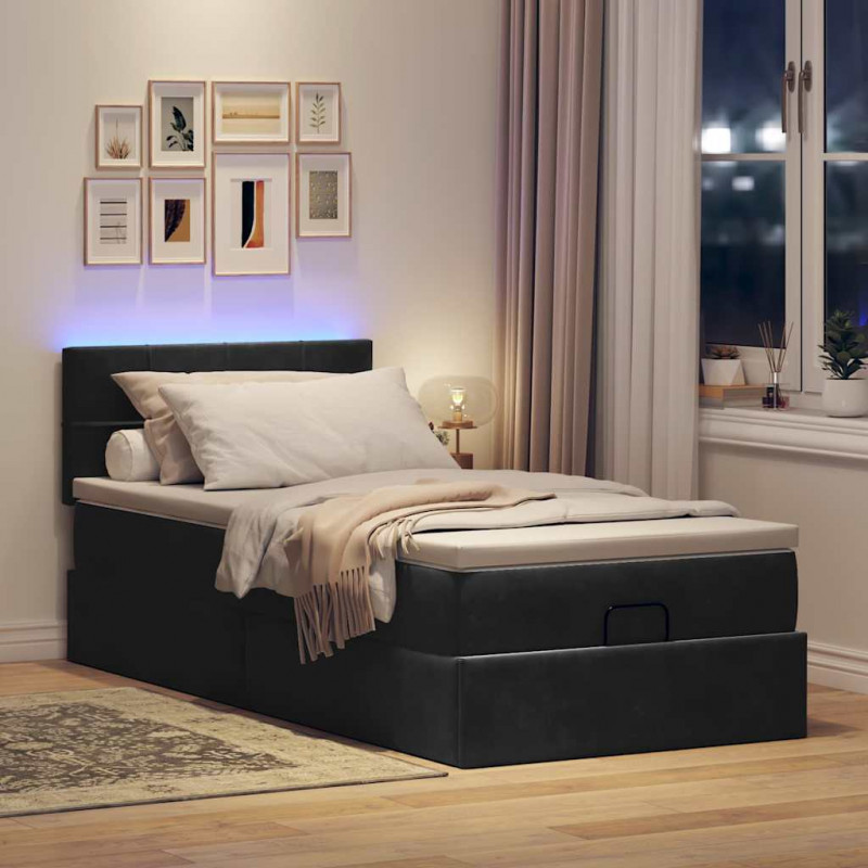 Łóżko Ottoman z materacem i LED, czarny, 80x200cm, aksamit