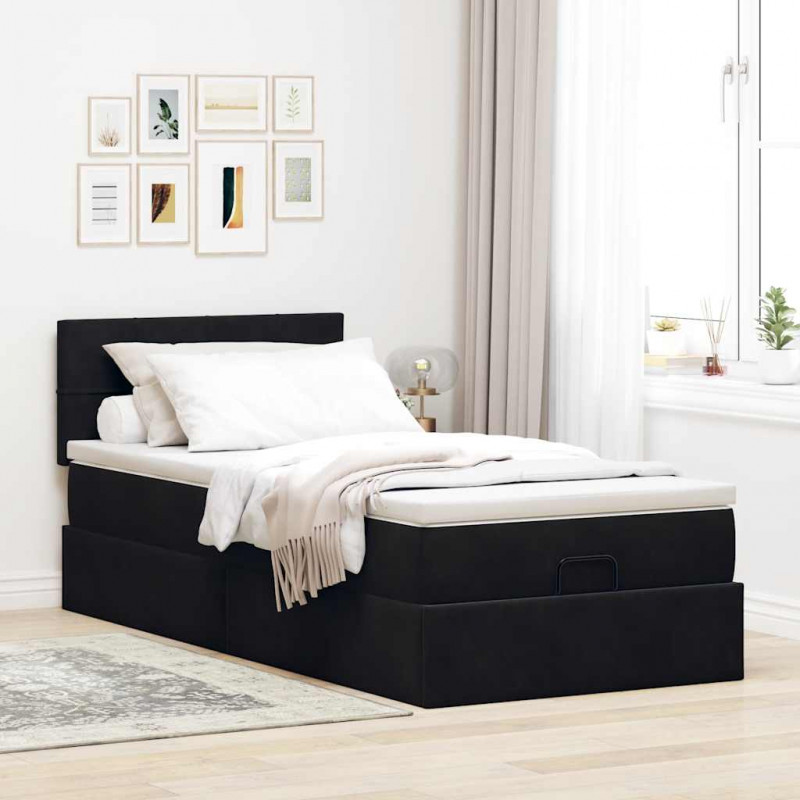 Łóżko Ottoman z materacem i LED, czarny, 80x200cm, aksamit