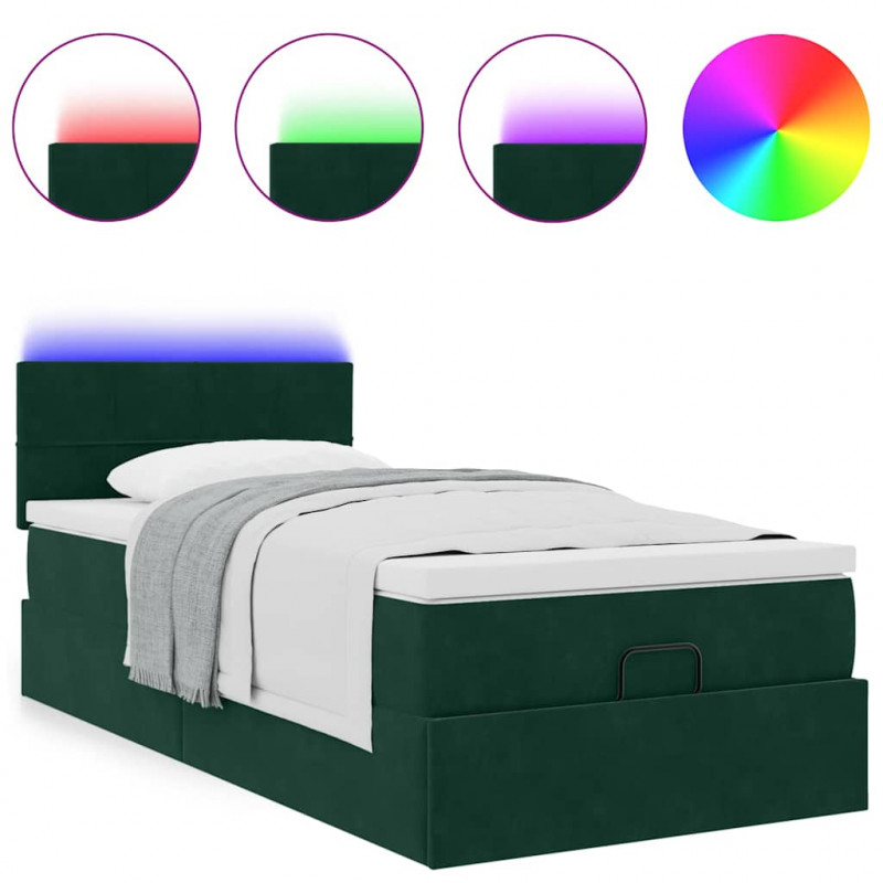 Łóżko otomana z materacem i LED, ciemnozielony 80x200cm aksamit