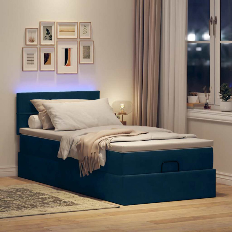 Łóżko otomana z materacem i LED, niebieski, 80x200cm, aksamit