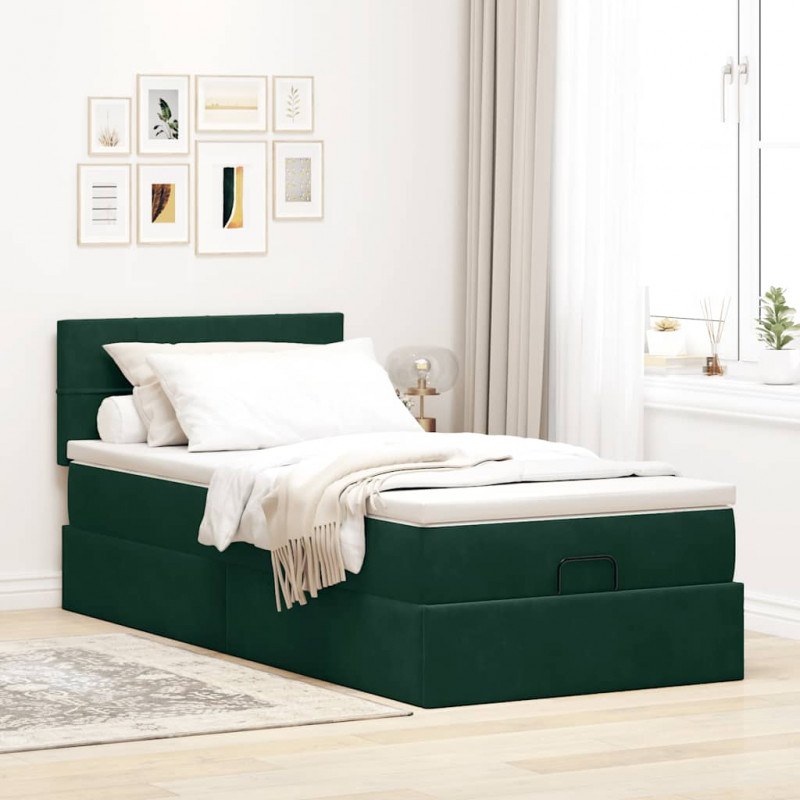Łóżko otomana z materacem i LED, ciemnozielony 90x200cm aksamit
