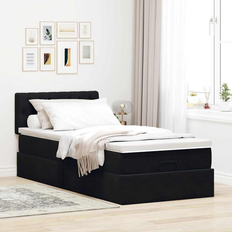Łóżko Ottoman z materacem i LED, czarny, 80x200cm, aksamit