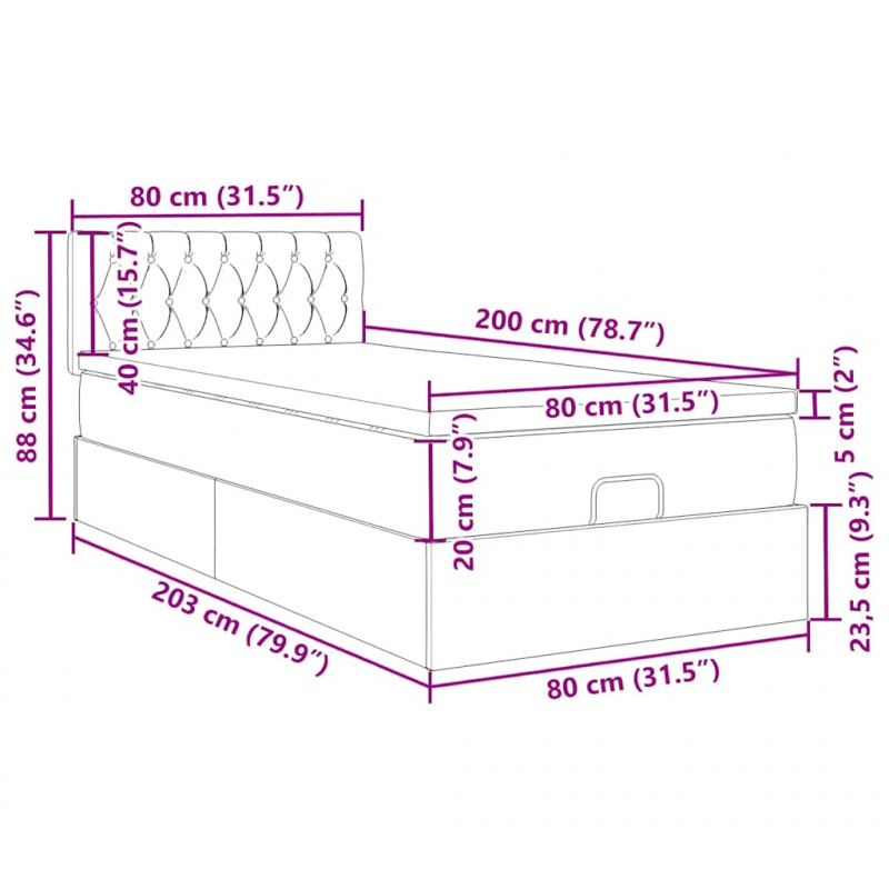 Łóżko Ottoman z materacem i LED, czarny, 80x200cm, aksamit