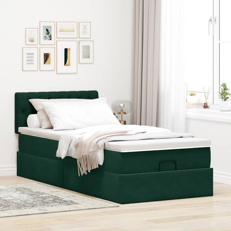 Łóżko otomana z materacem i LED, ciemnozielony 80x200cm aksamit