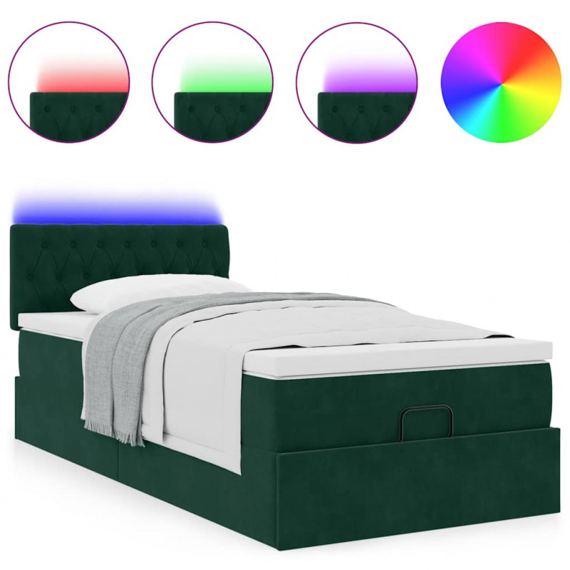 Łóżko otomana z materacem i LED, ciemnozielony 80x200cm aksamit