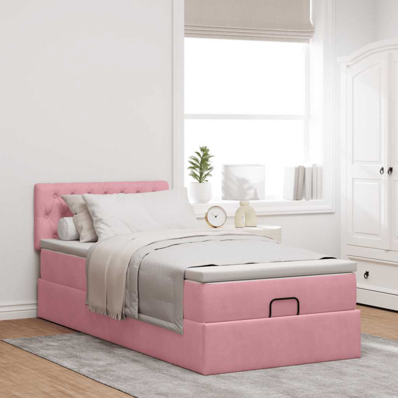 Łóżko Ottoman z materacem i LED, różowy, 80x200cm, aksamit