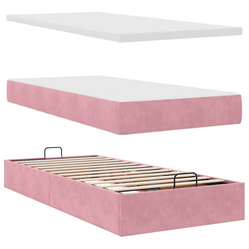 Łóżko Ottoman z materacem i LED, różowy, 80x200cm, aksamit