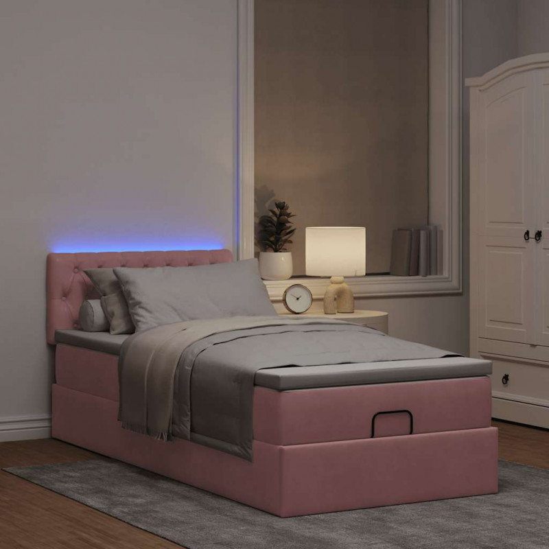 Łóżko Ottoman z materacem i LED, różowy, 80x200cm, aksamit