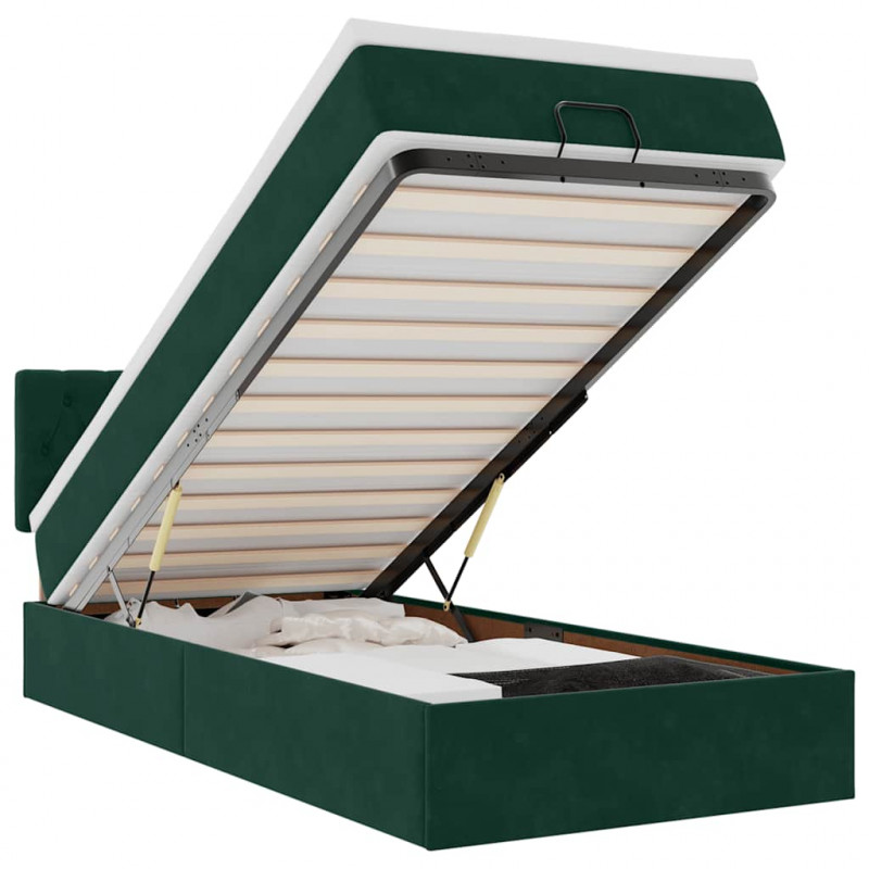 Łóżko otomana z materacem i LED, ciemnozielony 90x200cm aksamit