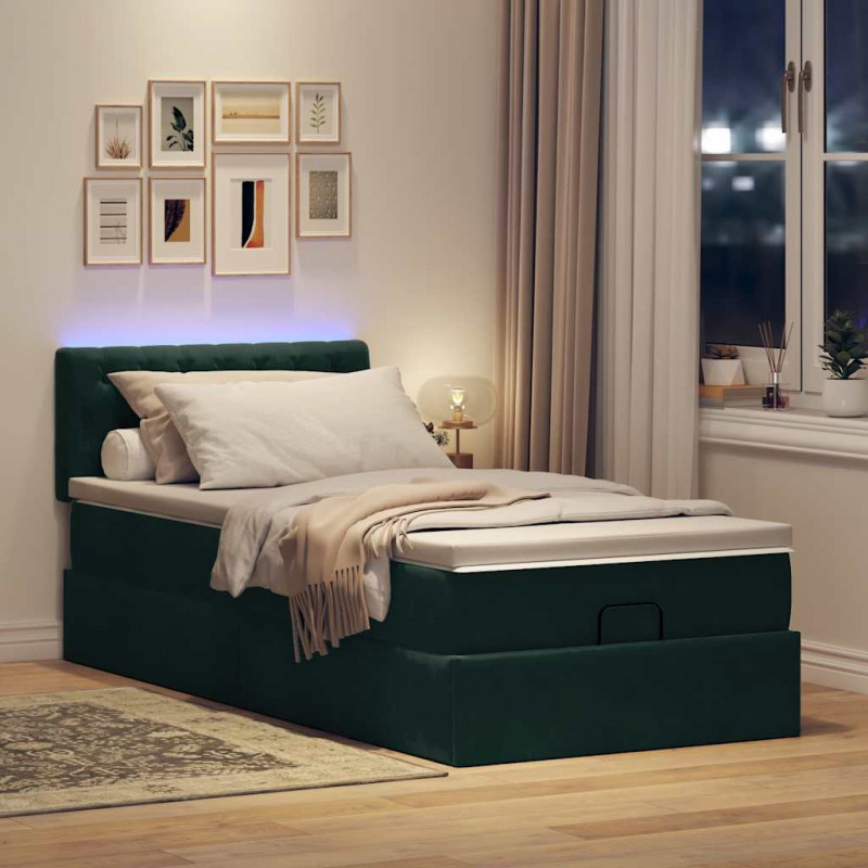 Łóżko otomana z materacem i LED, ciemnozielony 90x200cm aksamit