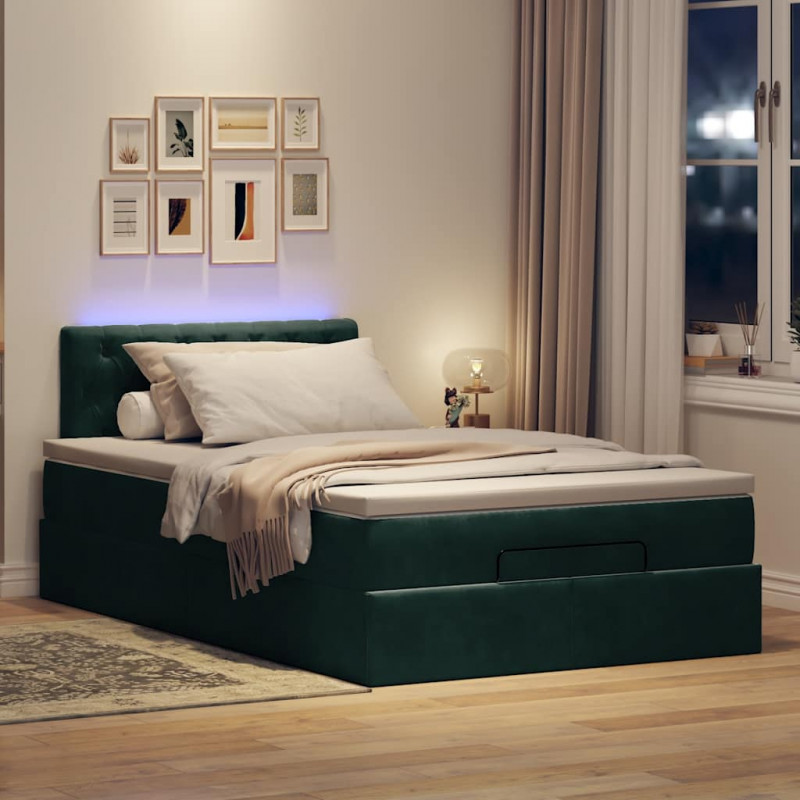 Łóżko otomana z materacem i LED ciemnozielony 120x190cm aksamit