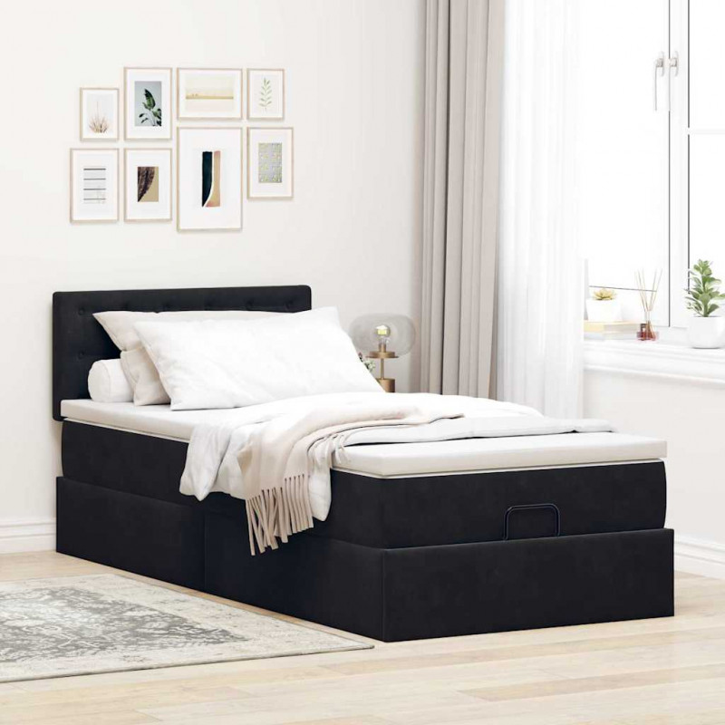 Łóżko Ottoman z materacem i LED, czarny, 80x200cm, aksamit
