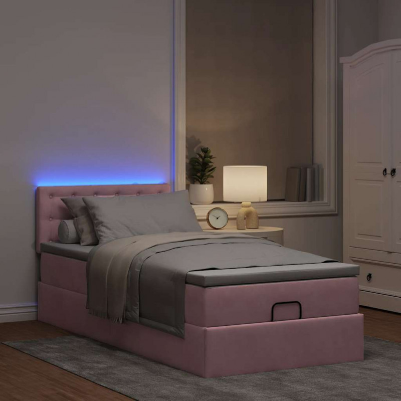 Łóżko Ottoman z materacem i LED, różowy, 80x200cm, aksamit