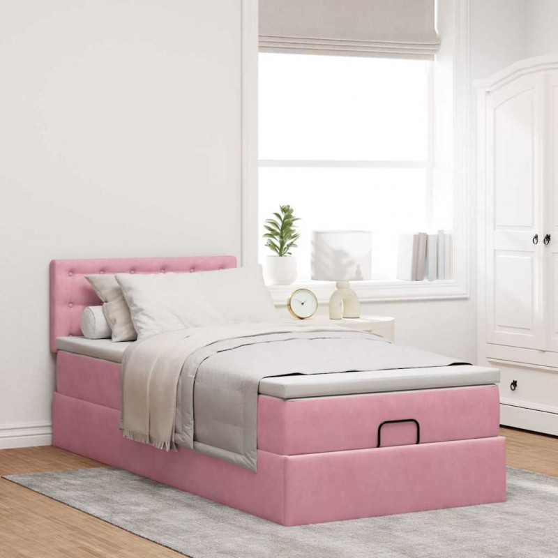 Łóżko Ottoman z materacem i LED, różowy, 80x200cm, aksamit