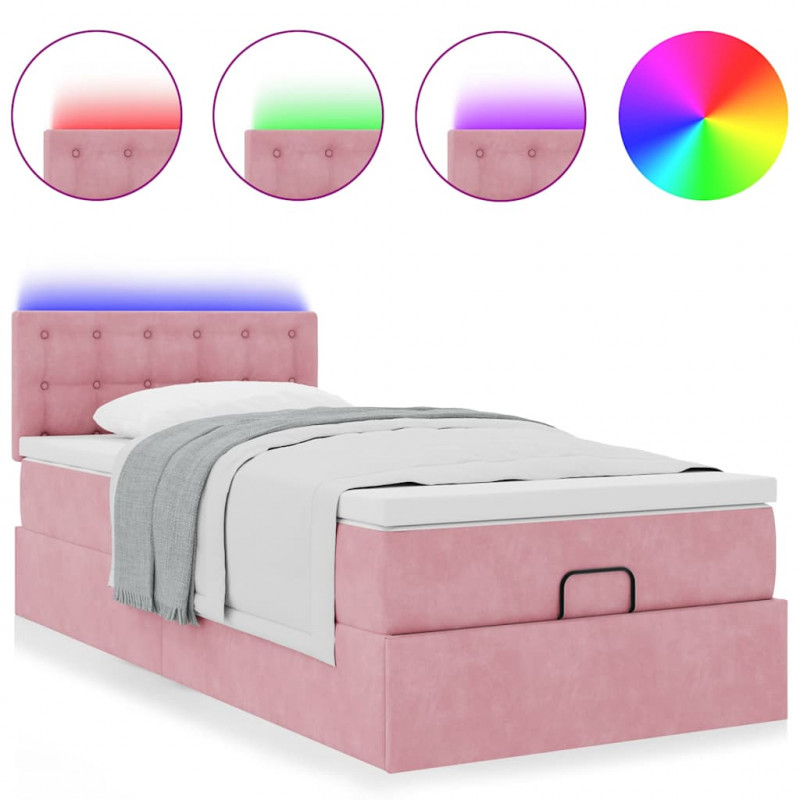 Łóżko Ottoman z materacem i LED, różowy, 80x200cm, aksamit