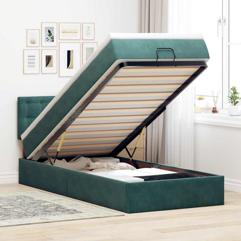 Łóżko otomana z materacem i LED, ciemnozielony 90x200cm aksamit