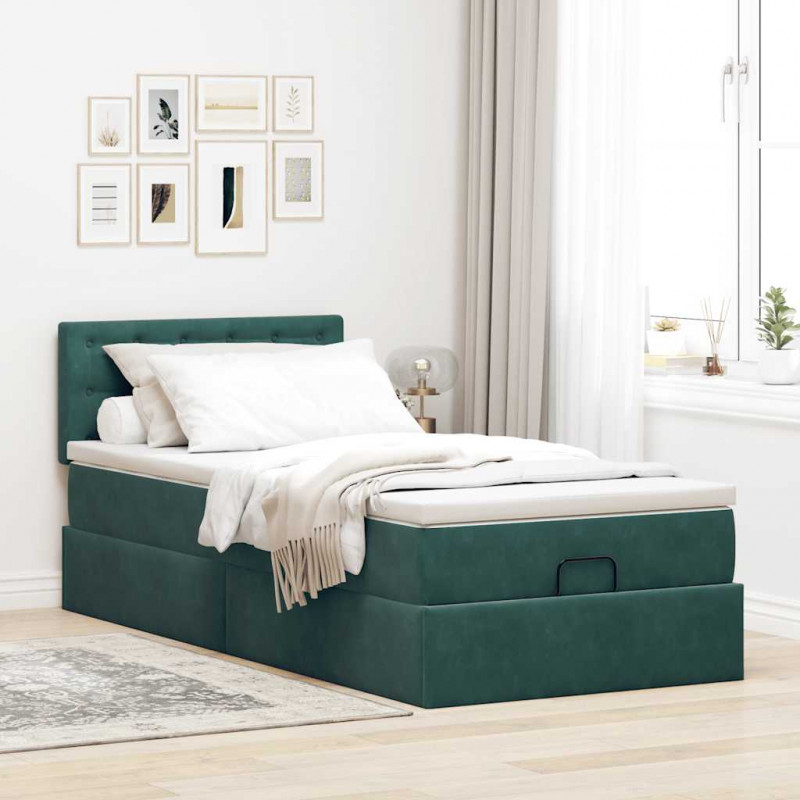 Łóżko otomana z materacem i LED, ciemnozielony 90x200cm aksamit