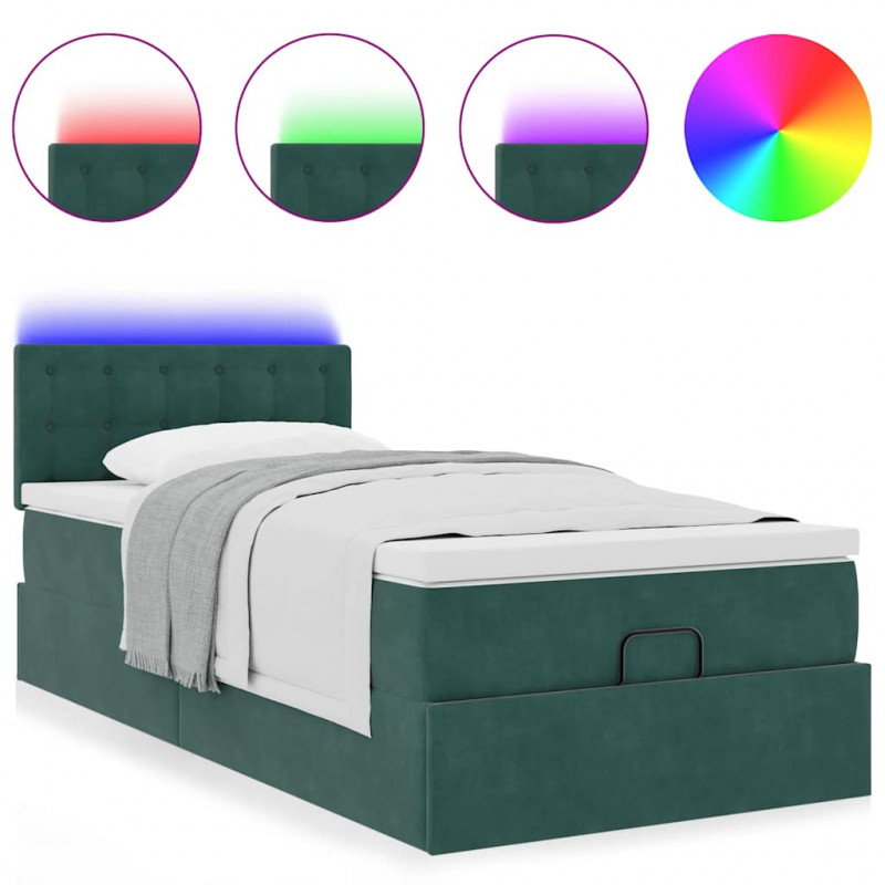 Łóżko otomana z materacem i LED, ciemnozielony 90x200cm aksamit