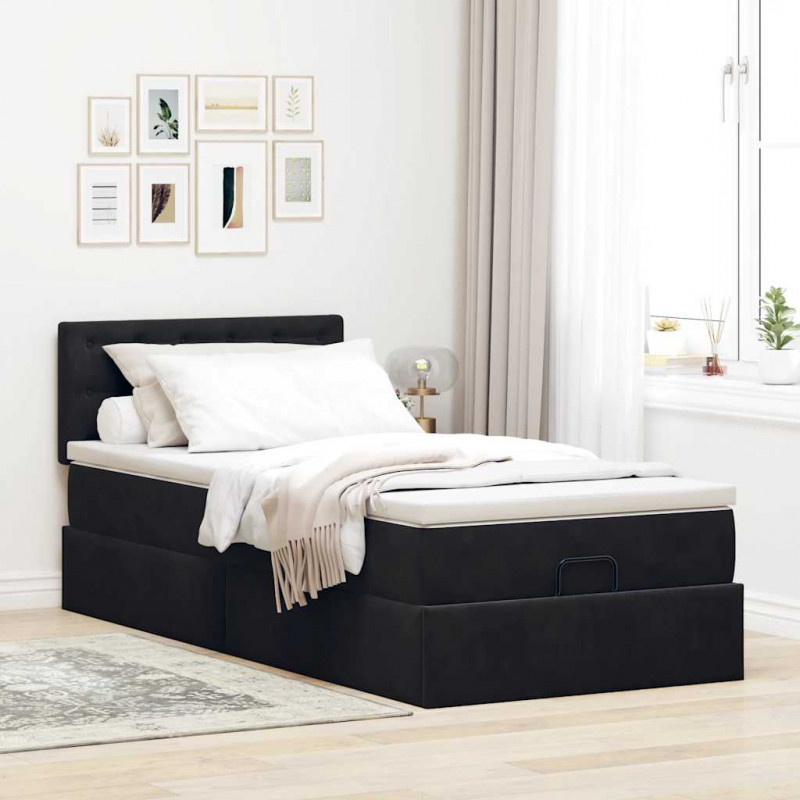 Rama łóżka otomana z materacem, czarna, 100x200 cm, aksamit