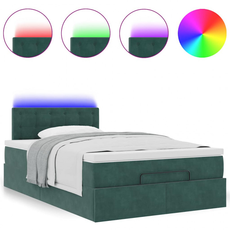 Łóżko otomana z materacem i LED ciemnozielony 120x190cm aksamit