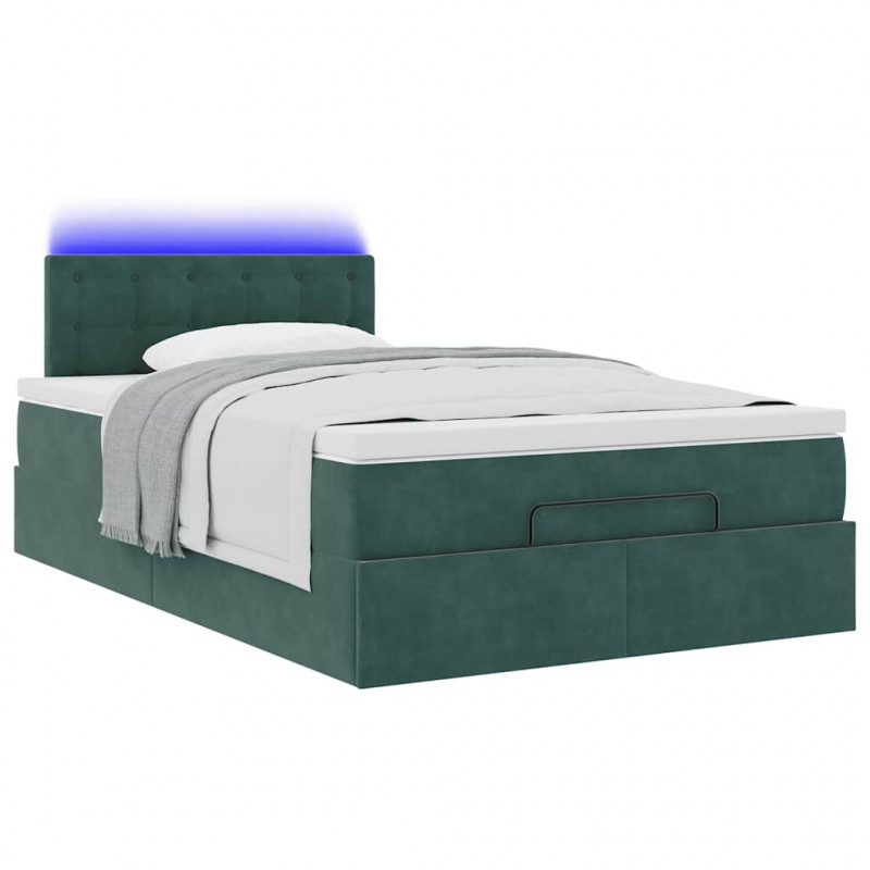Łóżko otomana z materacem i LED ciemnozielony 120x190cm aksamit