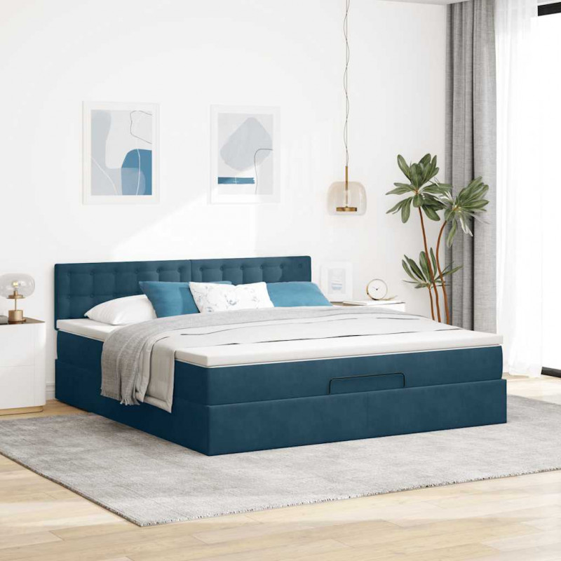 Rama łóżka otomana z materacem, niebieska, 180x200 cm, aksamit