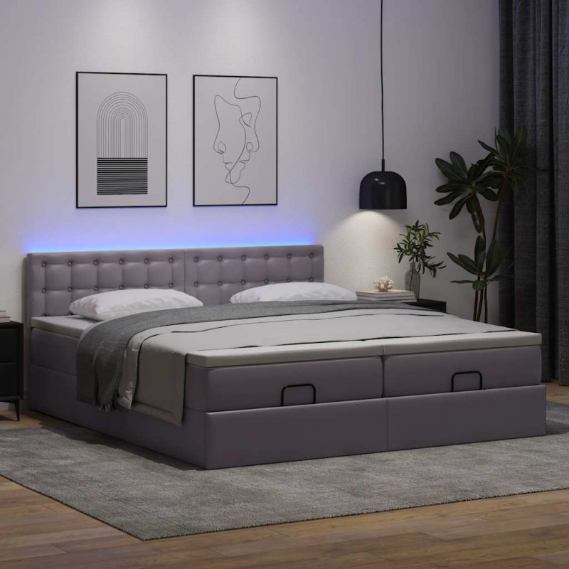Łóżko otomana z materacami i LED, szara, 180x200cm, ekoskóra