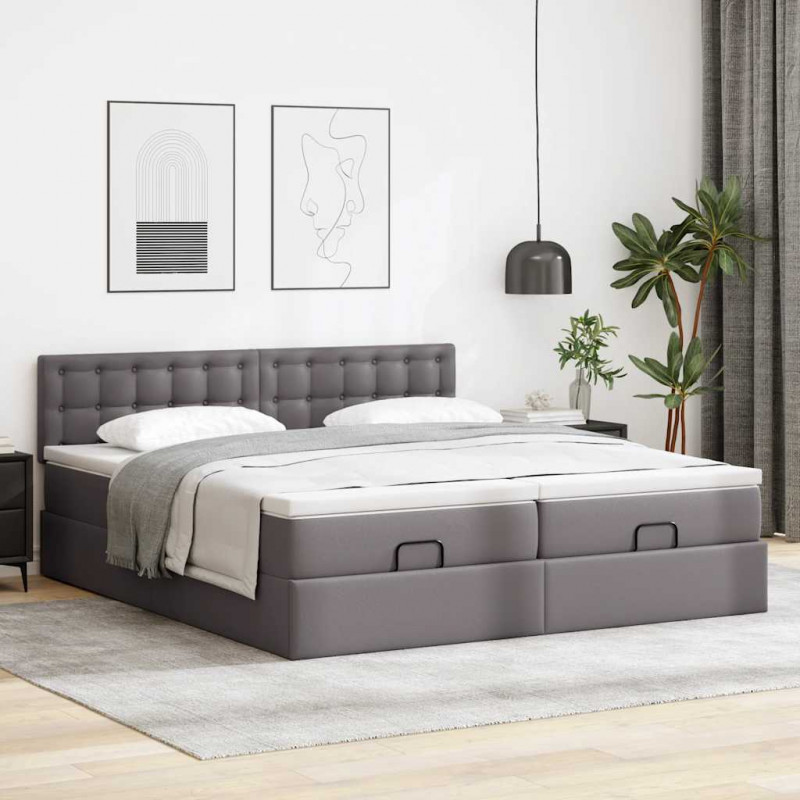 Łóżko otomana z materacami i LED, szara, 180x200cm, ekoskóra