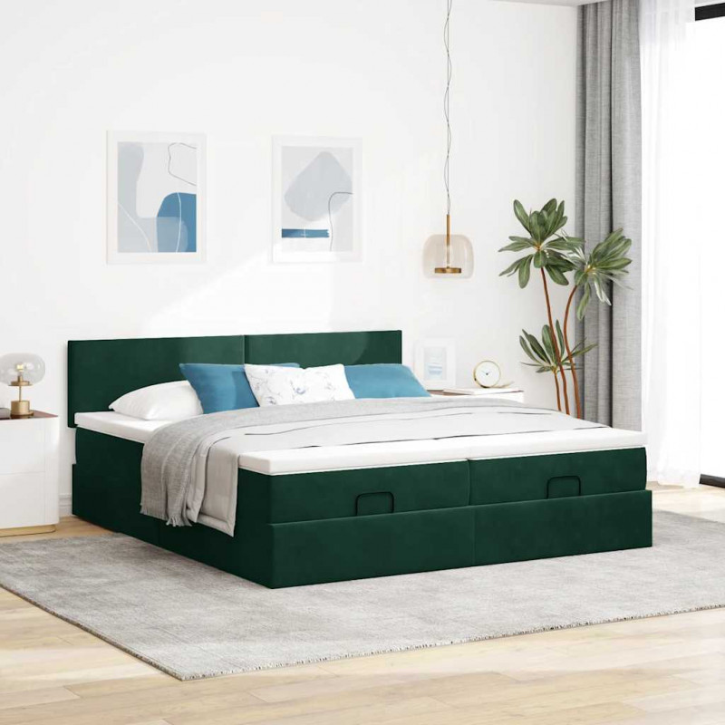 Rama łóżka otomana z materacami, zielona, 180x200 cm, aksamit
