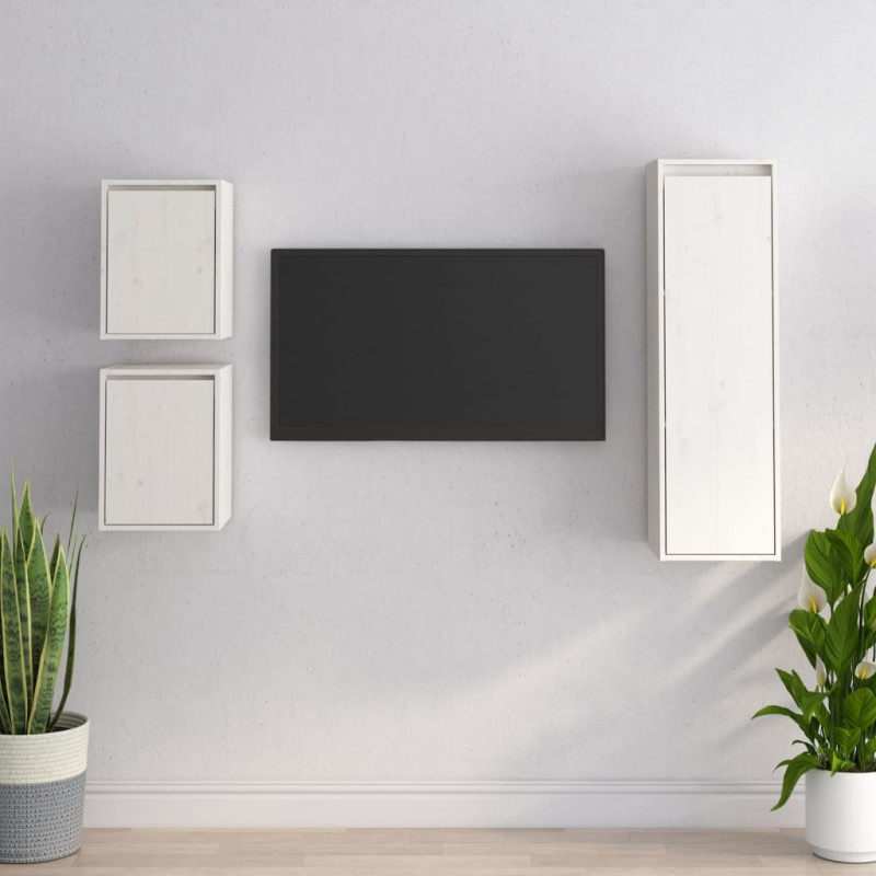 Szafki pod TV, 3 szt., białe, lite drewno sosnowe
