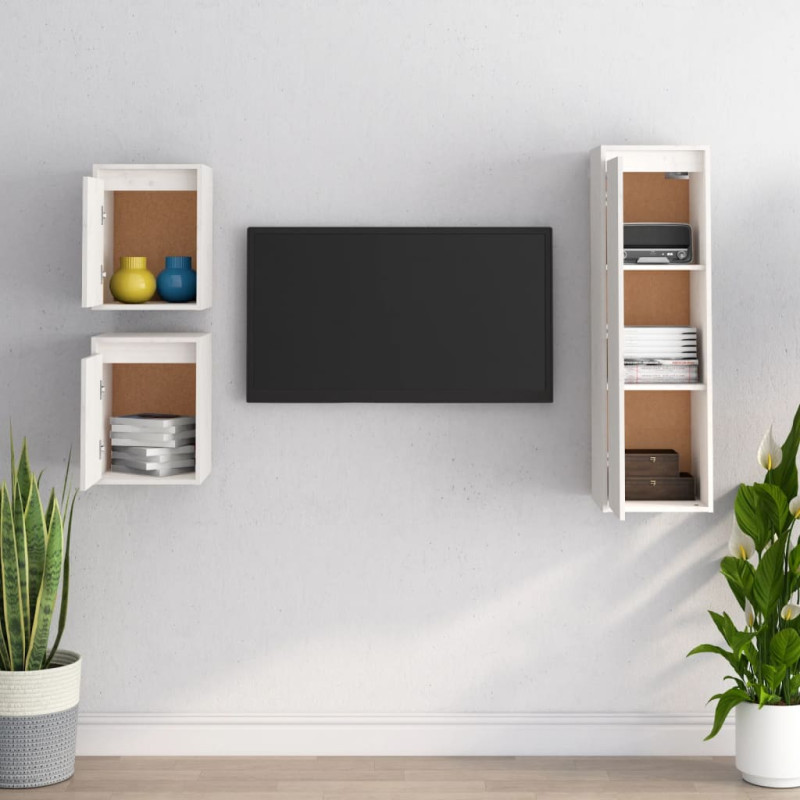 Szafki pod TV, 3 szt., białe, lite drewno sosnowe