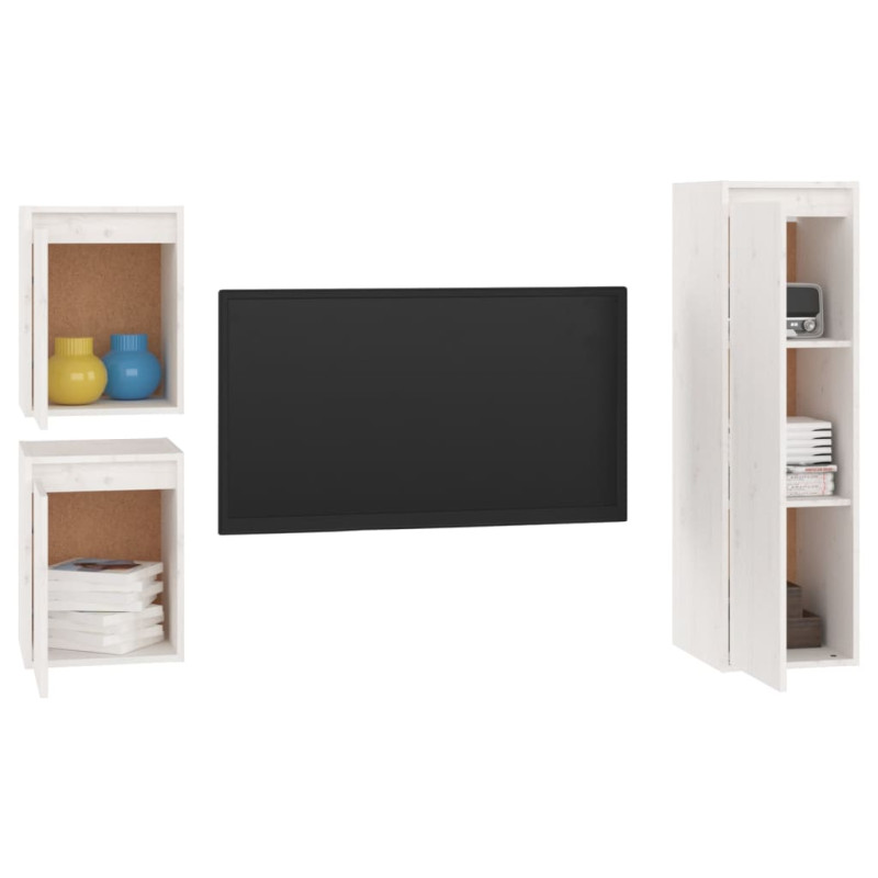 Szafki pod TV, 3 szt., białe, lite drewno sosnowe
