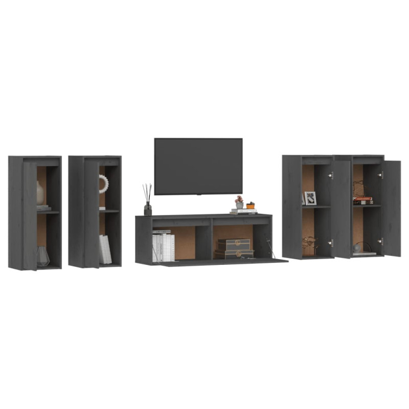 Szafki pod TV, 5 szt., szare, lite drewno sosnowe